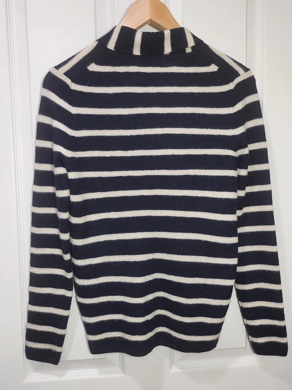 J.Crew 100% Baby Alpaca Wool Striped Shawl Collar Cardigan Sweater Navy Cream S